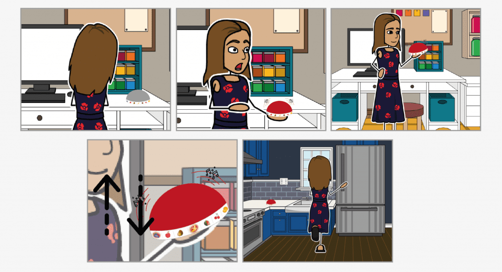 storyboard for a use case of the jerry device. A person is working, the device is next to her on the table. It lights up in red, makes a noise and the person then goes to the fridge and prepares some fruit.